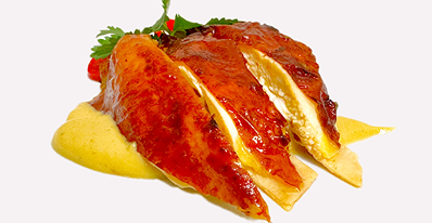 Roast yellow chicken with chicken essence corn puree